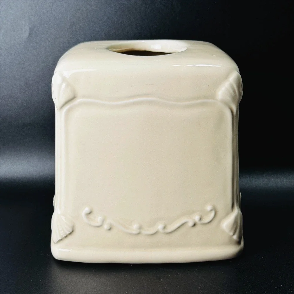 Vintage Ivory Ceramic Tissue Box Cover Scroll Bathroom Vanity Cottagecore Decor